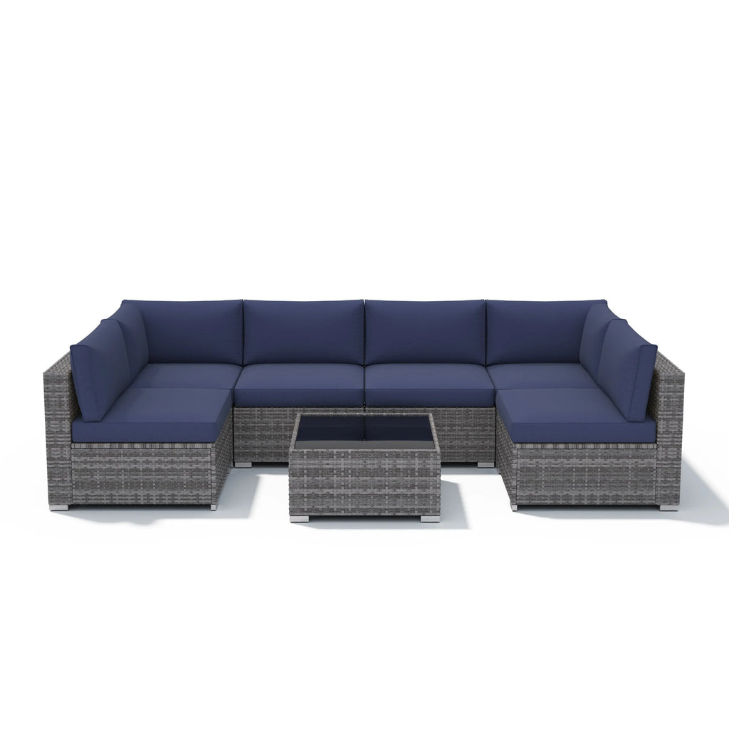7-teiliges Outdoor-Sitzgruppen-Set aus Korbgeflecht und Stahl mit Polsterung