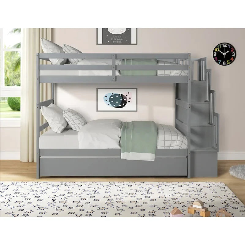 Letto a castello singolo su singolo con letto estraibile singolo e vano portaoggetti integrato nella scala, colore grigio