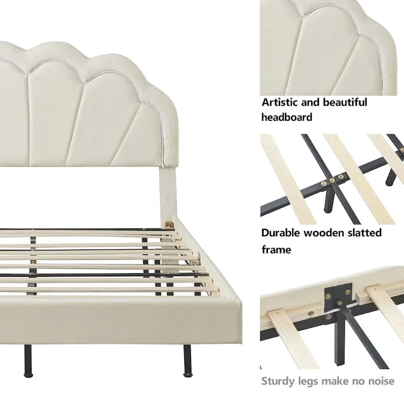 2-teiliges Schlafzimmer-Set: LED-Polsterbett in voller Größe mit Stauraumhocker