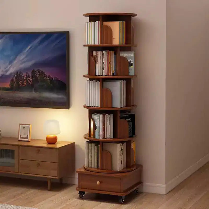 Libreria angolare Chic Crate a 6 ripiani con rotazione a 360° e ruote, libreria stretta per piccoli spazi, marrone noce