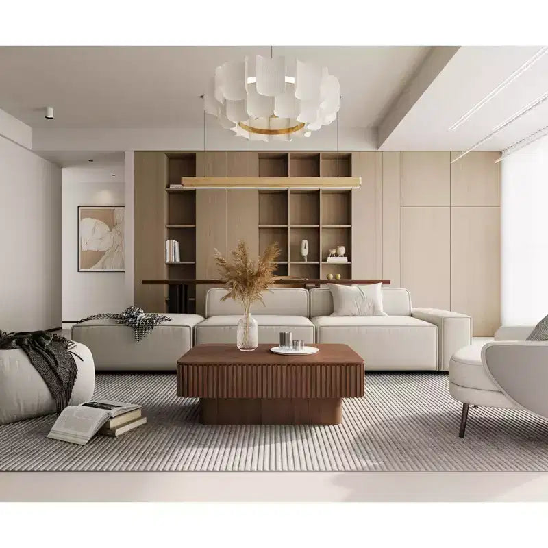 JVNOXK 38,6'' gecanneleerde salontafel met liftblad en opbergruimte, moderne accenttafel van massief houtfineer met verstelbare hoogte voor woonkamer en slaapkamer, walnootkleur