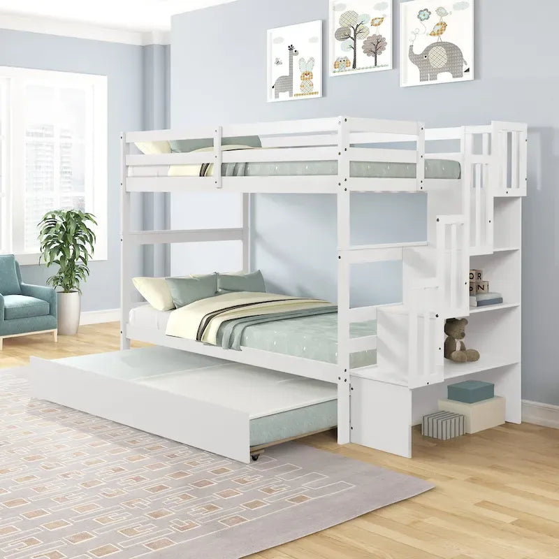 Letto a castello singolo su singolo con letto estraibile singolo e vano portaoggetti integrato nella scala, colore grigio