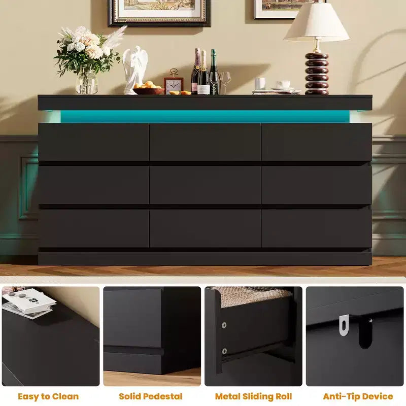 Kommode mit 9 Schubladen fürs Schlafzimmer, Schubladenschrank mit Ladestation und LED-Leuchten, doppelter Holzschrank zur Aufbewahrung, moderne Kommode und TV-Ständer