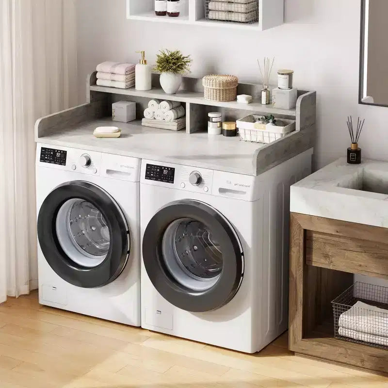 Houten opzetblad voor wasmachine en droger, 54 inch aanrechtblad voor de wasruimte met opbergplank met 2 niveaus, antislip werkoppervlak met opstaande randen voor een georganiseerde wasruimte