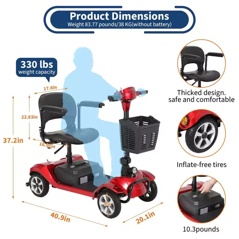 Scooter de mobilité pliable à 4 roues pour adultes, capacité de 330 lb, pour une utilisation en extérieur