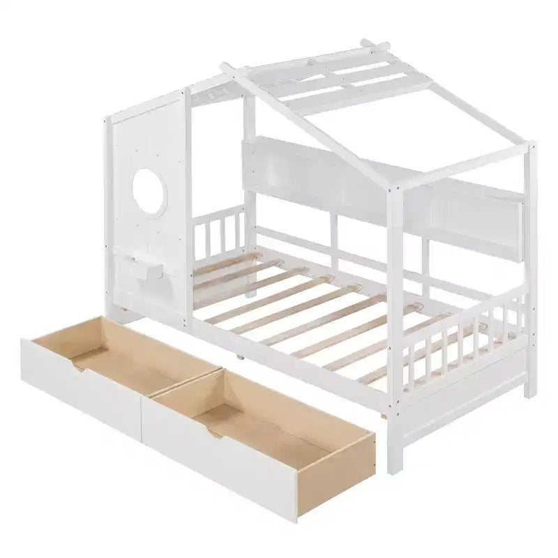Holzhausbett in Twin-/Full-Größe mit 2 Schubladen, Kinderbett mit Ablagefach – ModernLuxe