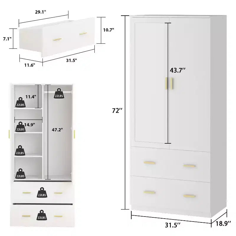 Armoire Hitow à portes miroirs avec deux tiroirs et rangement compartimenté