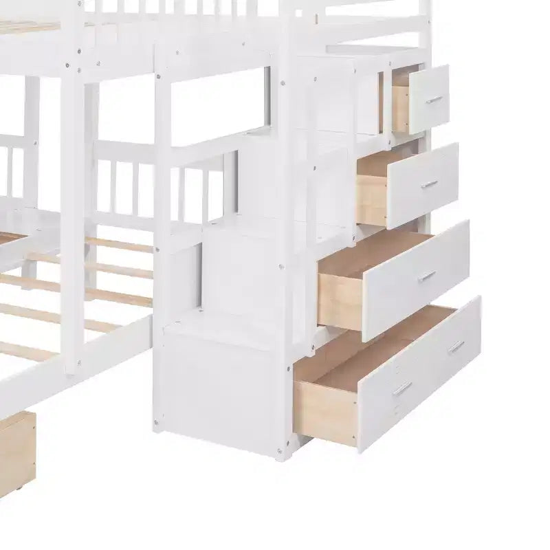 Whisen Full Over Twin & Twin Bunk Bed, Wood Triple Bunk Bed with Drawers and Guardrails