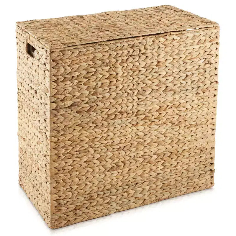 Casafield 2-Section Laundry Hamper with Lid and Removable Liner Bags, Woven Water Hyacinth Laundry Basket Sorter for Clothes