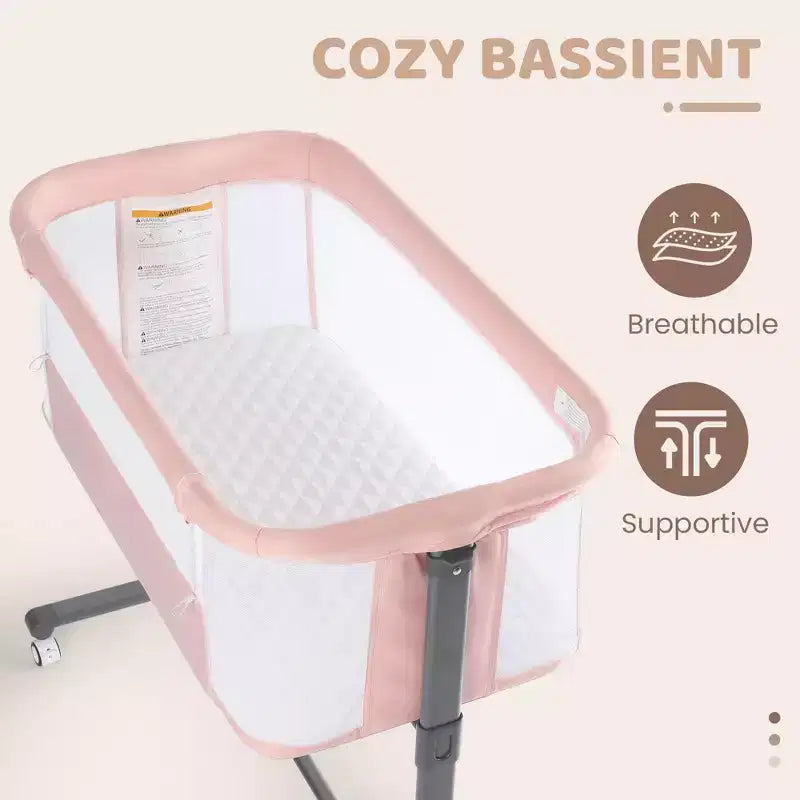 Babywiegje met wielen – beige / grijs / roze, wiegje naast het bed, voor 1 baby