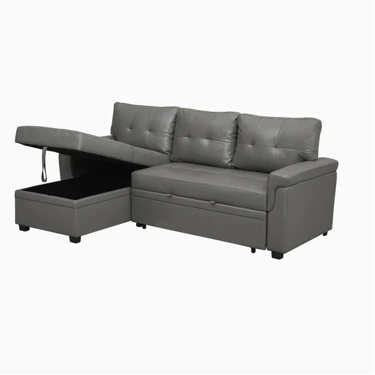 Divano componibile reversibile trasformabile con letto estraibile, chaise longue con contenitore nascosto e gambe resistenti