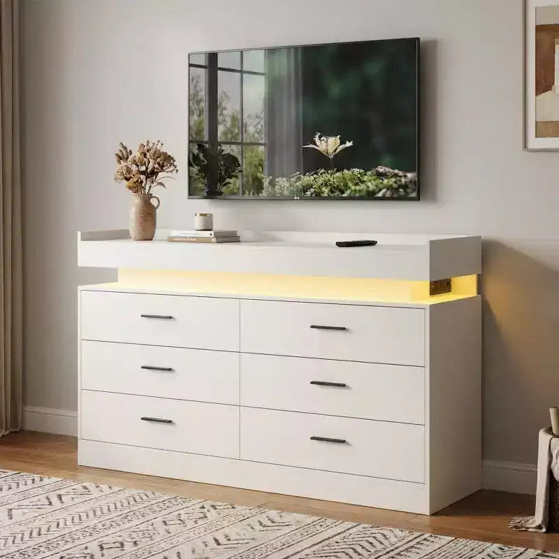 Meuble TV moderne avec 6 tiroirs et éclairage LED, comptoir flottant faisant office de bar à café pour centre de divertissement du salon