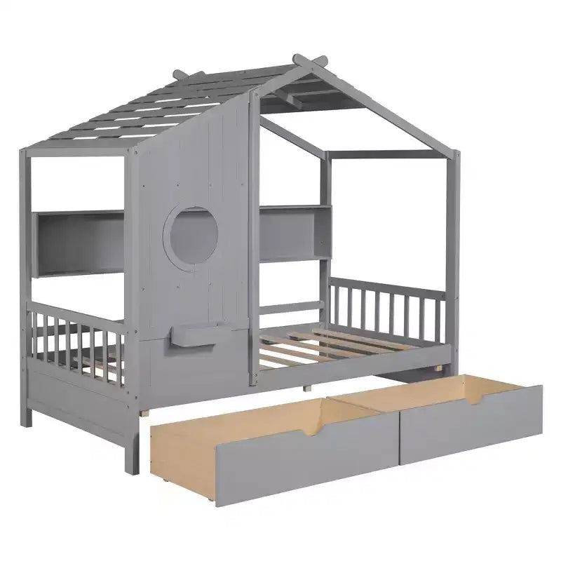 Holzhausbett in Twin-/Full-Größe mit 2 Schubladen, Kinderbett mit Ablagefach – ModernLuxe