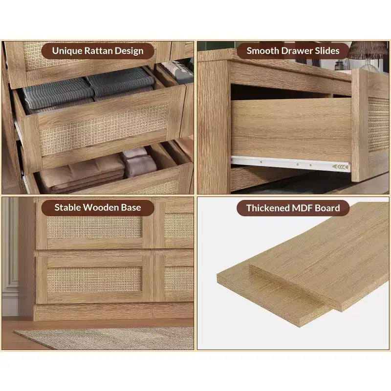 Rattan-Kommode fürs Schlafzimmer mit 6 Schubladen, 119 cm breite moderne Kommode im Landhausstil, Holzschrank mit Stauraum-Organizer für Kleiderschrank, Wohnzimmer und Flur