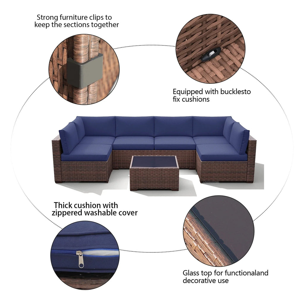 7-teiliges Outdoor-Sitzgruppen-Set aus Korbgeflecht und Stahl mit Polsterung