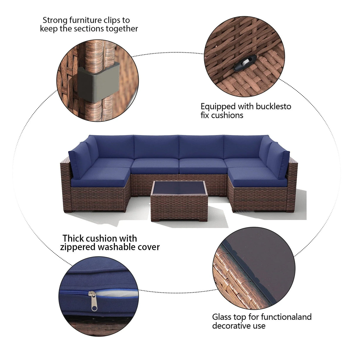 7-teiliges Outdoor-Sitzgruppen-Set aus Korbgeflecht und Stahl mit Polsterung