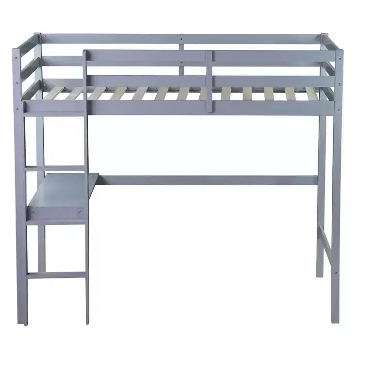Okak Minimalism Loft Bed with Ladder, Rubber Wood Twin Loft Bed with Safety Guardrail and Build-In Desk, Bed Frames for Kids, Teenagers