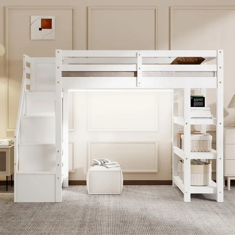 Hoch-/Etagenbett in Full-/Twin-Größe mit Stauraumtreppe – Regale, Kleiderschrank und LED-Beleuchtung, platzsparendes Design