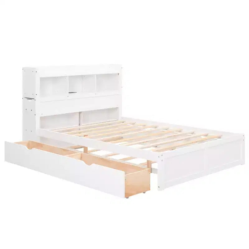 Eenpersoons platformbed met opbergruimte, uitschuifbed, boekenkasthoofdbord en oplaadstation, houten bedframe met planken en laden