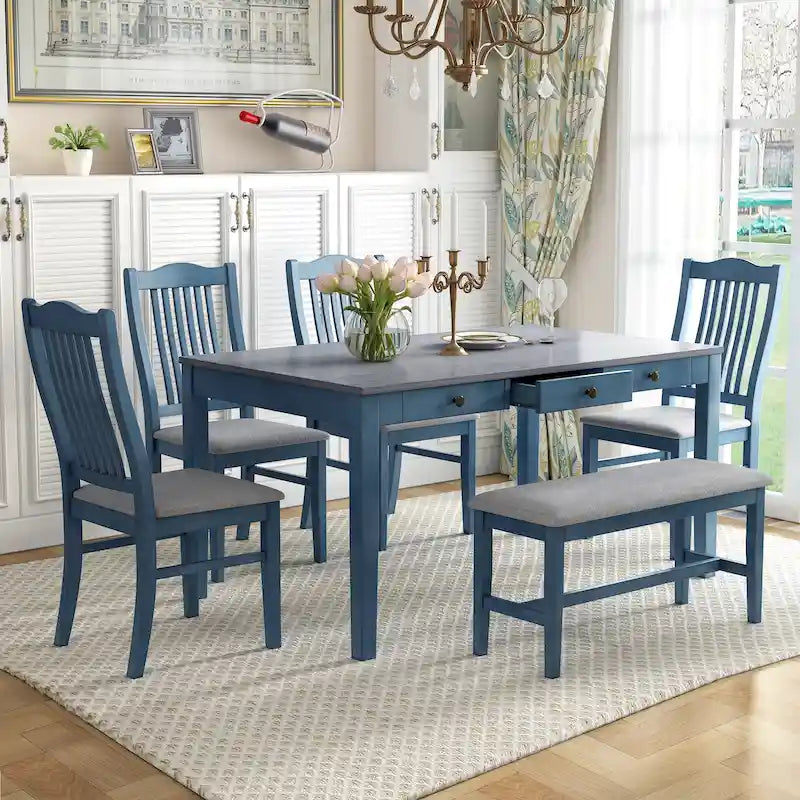 Juego de comedor de madera de 6 piezas con 4 sillas y banco, mesa con cajón