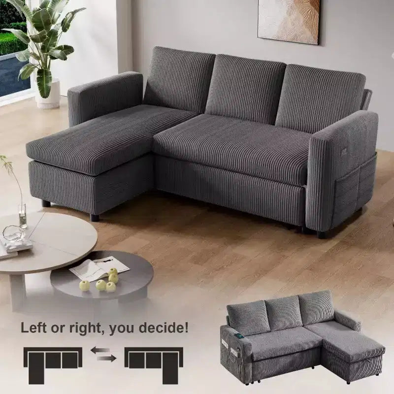 Dyonery 2-in-1-Schlafsofa zum Ausziehen mit Stauraum und Récamiere, Cord-Ecksofa mit USB-Anschlüssen für das Wohnzimmer