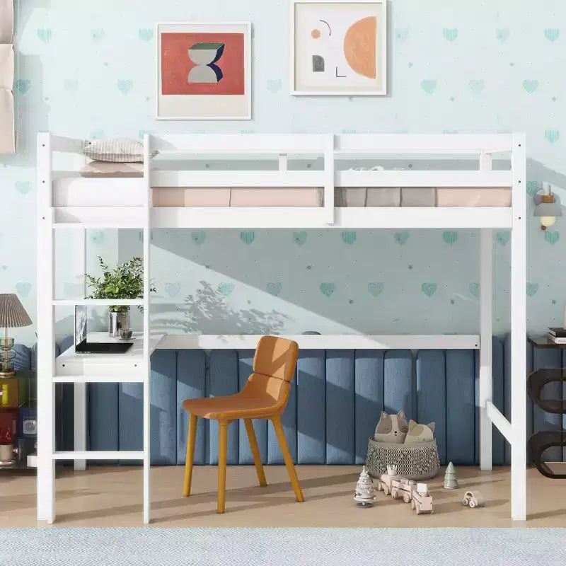 Okak Minimalism Loft Bed with Ladder, Rubber Wood Twin Loft Bed with Safety Guardrail and Build-In Desk, Bed Frames for Kids, Teenagers