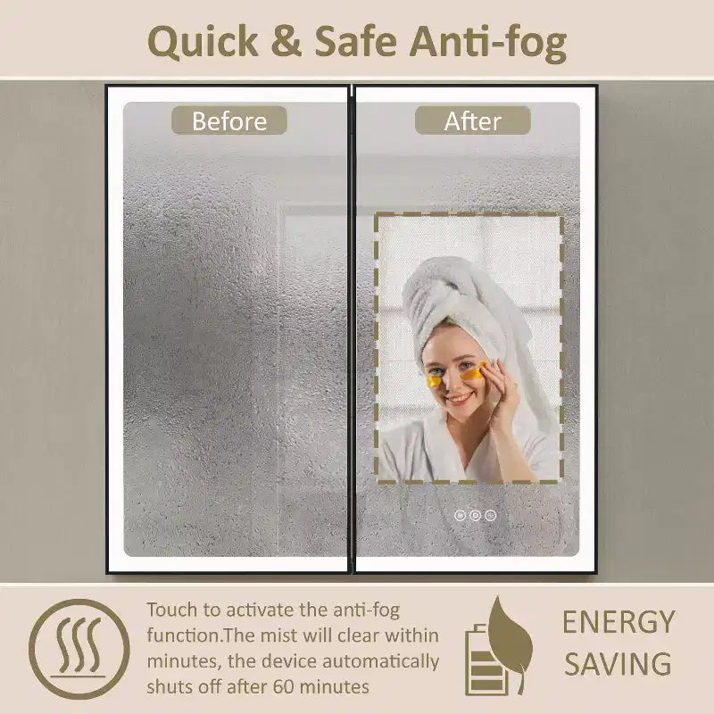 Bathroom Medicine Cabinet with LED Mirror, Surface or Recessed Mount, Dimmable Light, Anti-Fog, Adjustable Shelving