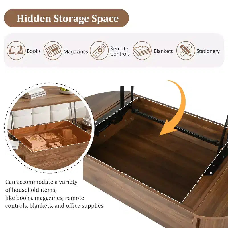 47.2 Lift Top Coffee Table with Hidden Compartment, Oval, Brown