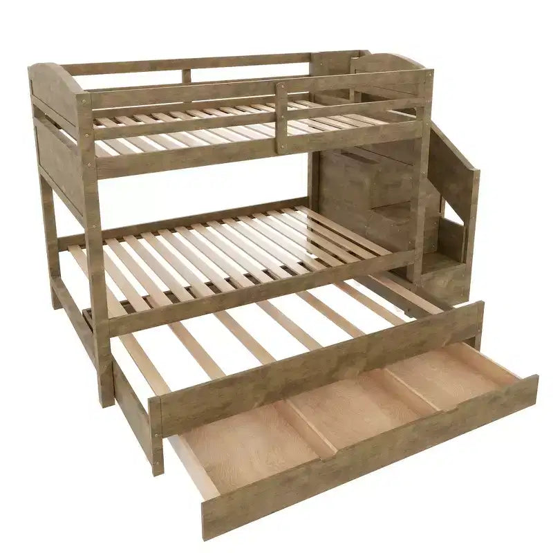 Whisen Twin XL Bunk Bed Frame with Trundle, Bunk Bed with Storage, Bunk Bed with Solid Wood, Storage Staircase, Wardrobe, 3Drawer, for Kids