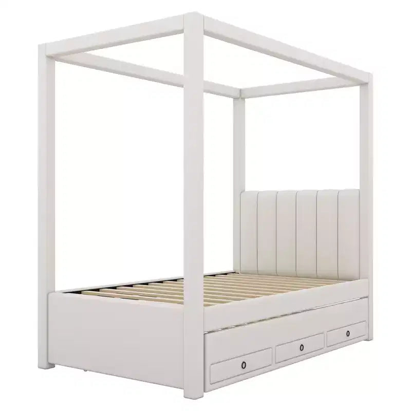 Letto a piattaforma a baldacchino matrimoniale con rivestimento in lino, letto estraibile e tre cassetti contenitori