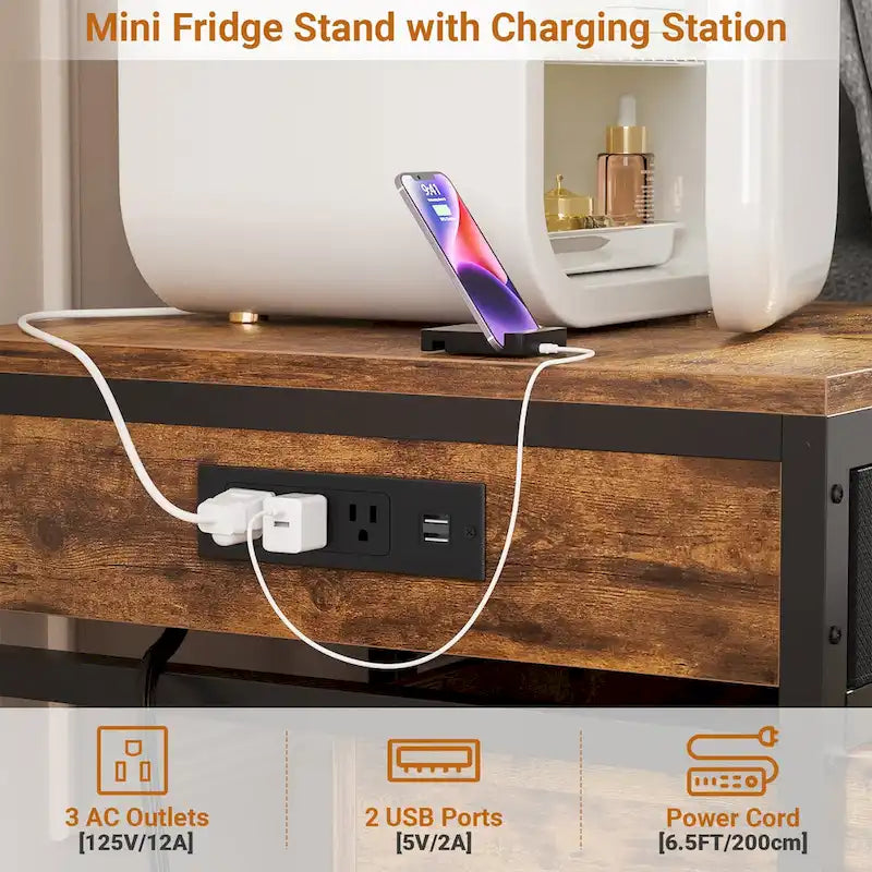 Mini Fridge Stand with Charge Station, Side/ End Table with Storage Drawers and Rolling Cabinet