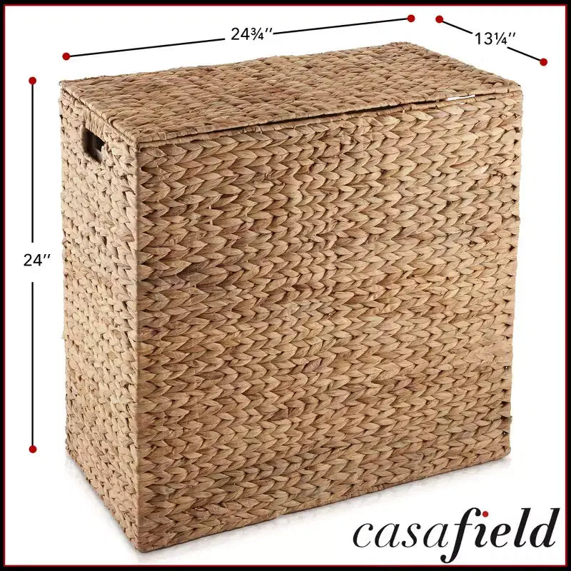 Casafield 2-Section Laundry Hamper with Lid and Removable Liner Bags, Woven Water Hyacinth Laundry Basket Sorter for Clothes