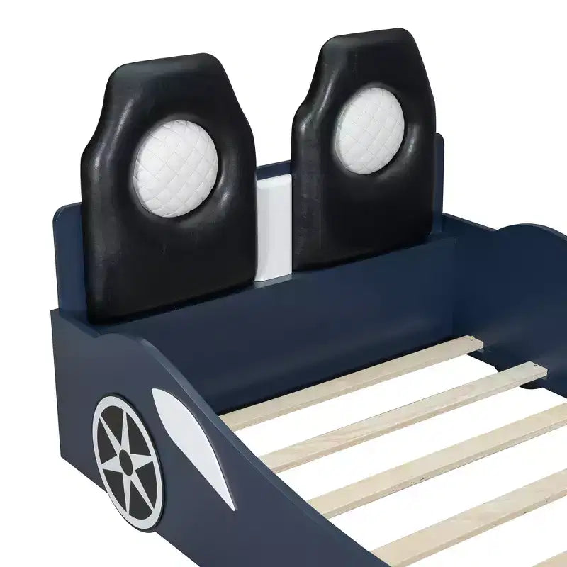 Whisen Wood Twin Size Race Car-Shaped Platform Bed with LED and Upholstered Backrest