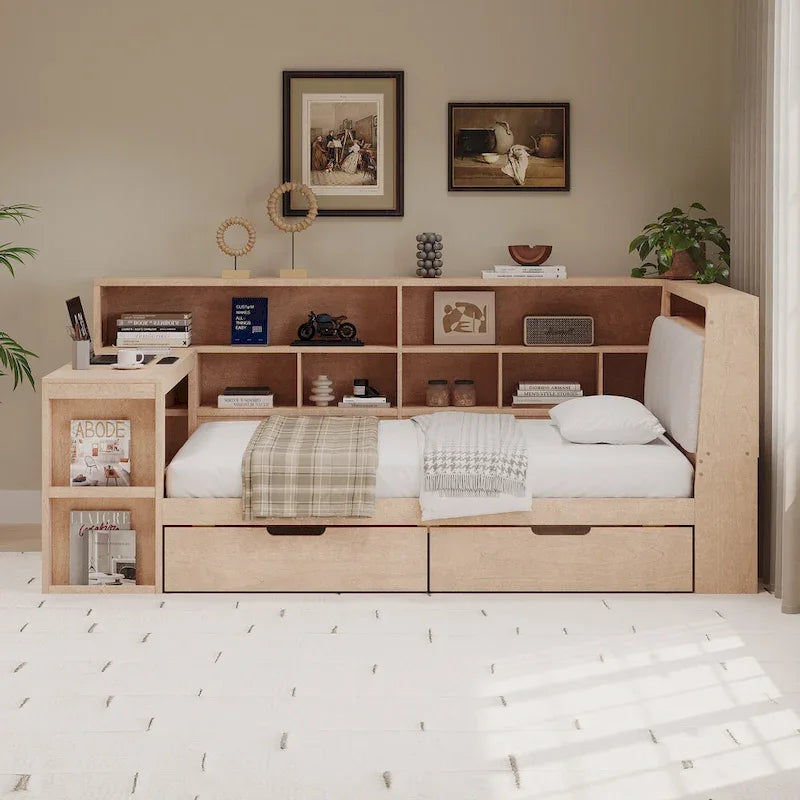 L-förmiges Holz-Sofa-Tagesbett mit Schreibtisch, Bücherregal-Schrank, Eckbett mit Schubladen unter dem Bett, gepolstertem Kopfteil und integrierter Beleuchtung