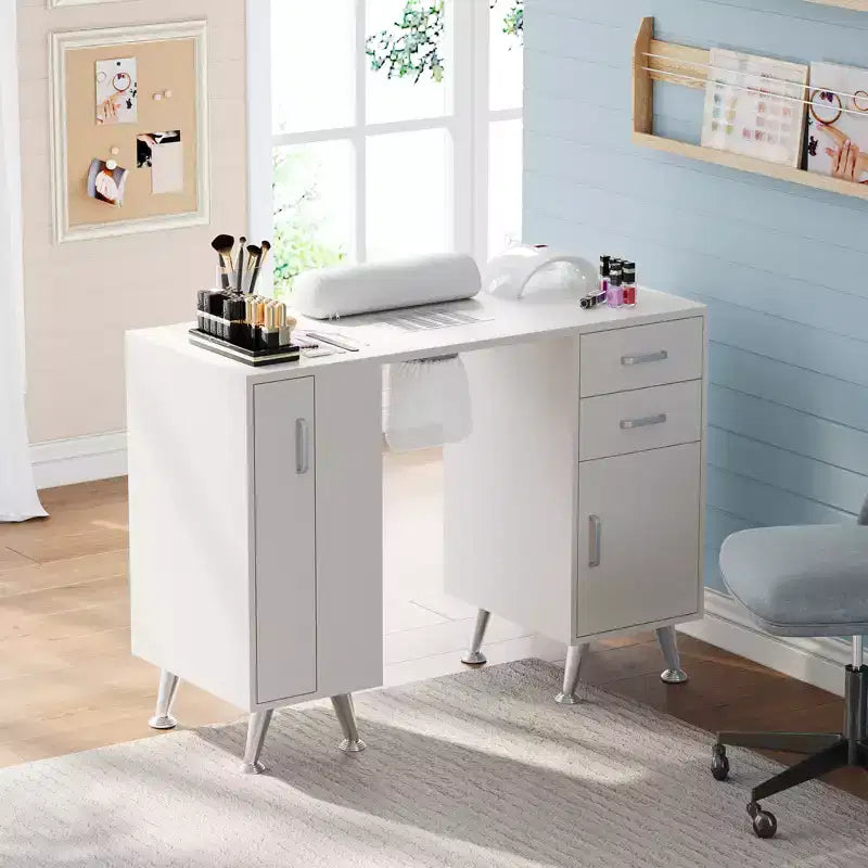 Stół do manicure 42'' dla stylistki paznokci z pochłaniaczem pyłu i podkładką pod nadgarstek, biurko do paznokci z pionową wysuwaną szafką, 1 szafka do przechowywania, 2 szuflady