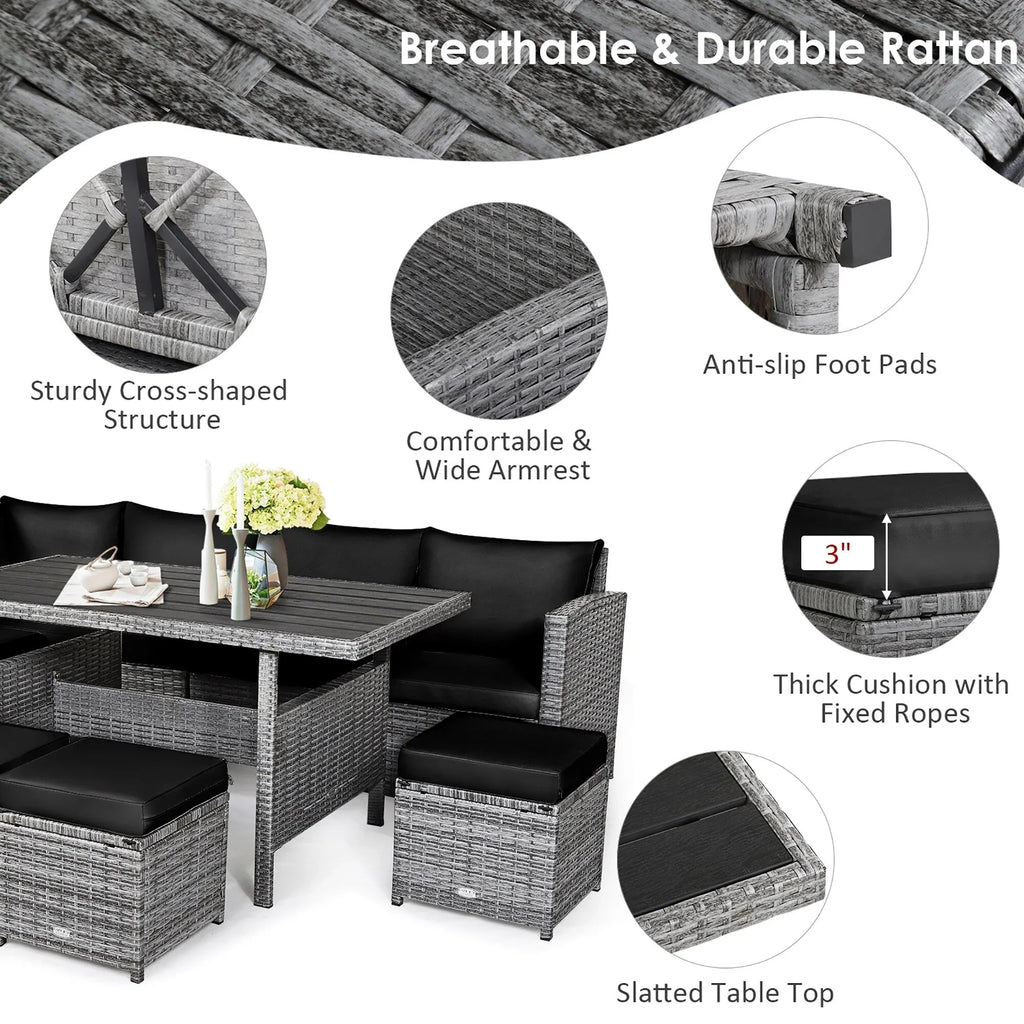 Costway 7-delige eethoek voor de patio van rotan, modulaire bank, fauteuil en voetenbank - Bekijk de details