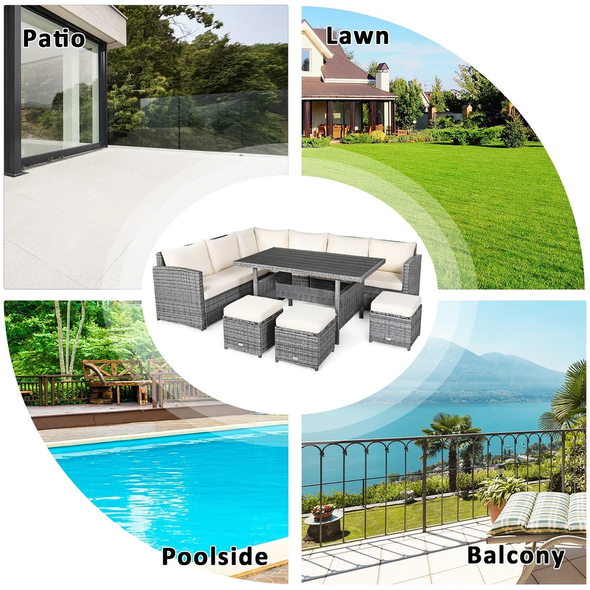 Costway 7-delige eethoek voor de patio van rotan, modulaire bank, fauteuil en voetenbank - Bekijk de details