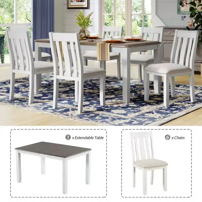 Farmhouse Extendable Dining Table Set for 6, Rectangular Table and 6 Upholstered Chairs