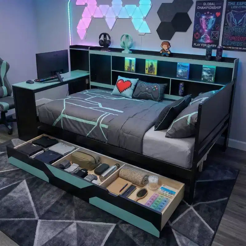 Gamer-hubbedbank met bureau, RGB-verlichting, laadstation, opberglades en boekenkast-hoofdbord