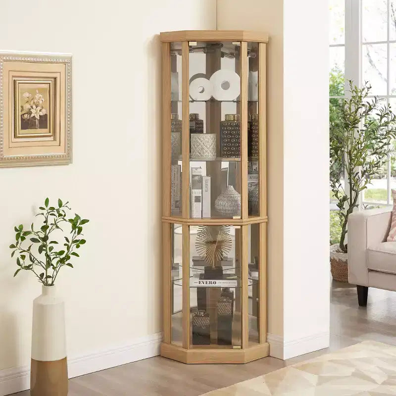 Hoekvitrinekast met glazen deuren en planken, hoekvitrine voor woonkamer