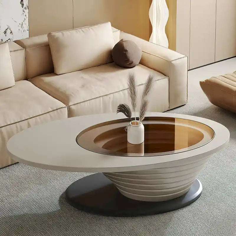 Licht luxueuze, moderne, minimalistische ovale salontafel met glazen tafelblad en grijze basis, 51 inch - L 51,18' B 25,59' H 14,37'