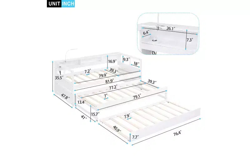 Whisen Twin XL Wood Daybed with 2 Trundles, 3 Storage Cubbies, 1 Light for Free and USB Charging Design