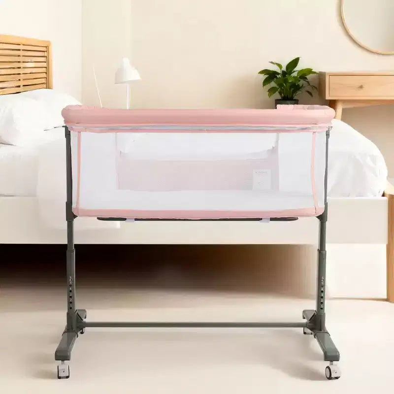 Babywiegje met wielen – beige / grijs / roze, wiegje naast het bed, voor 1 baby