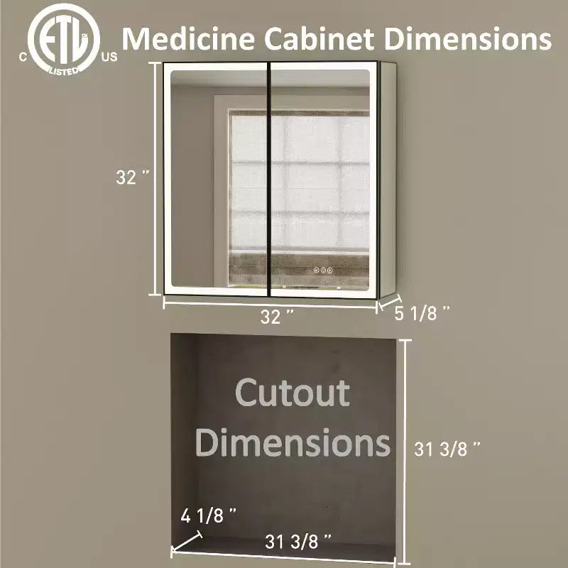 Bathroom Medicine Cabinet with LED Mirror, Surface or Recessed Mount, Dimmable Light, Anti-Fog, Adjustable Shelving