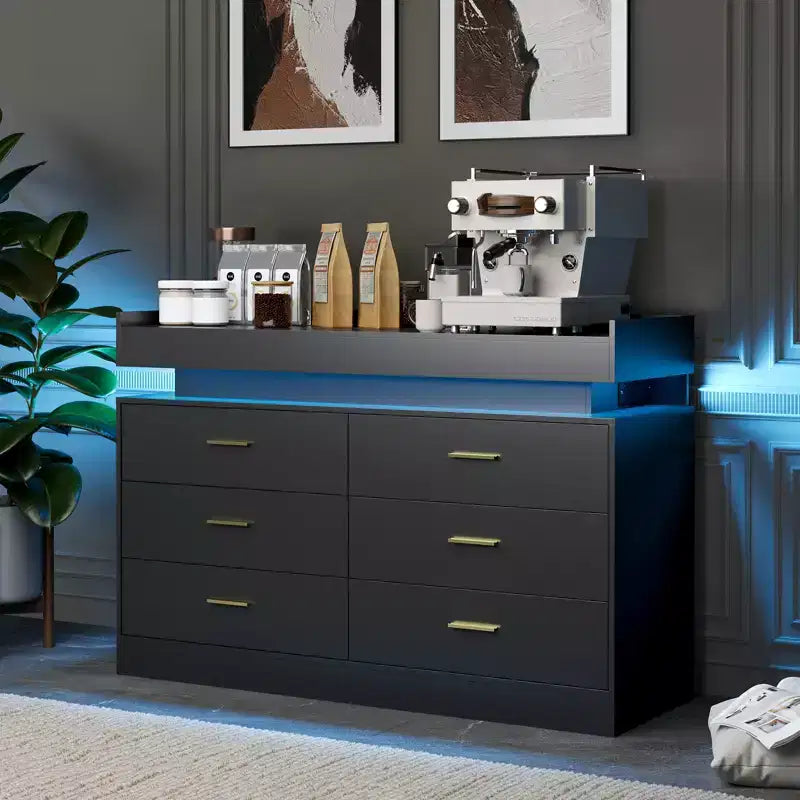 Meuble TV moderne avec 6 tiroirs et éclairage LED, comptoir flottant faisant office de bar à café pour centre de divertissement du salon