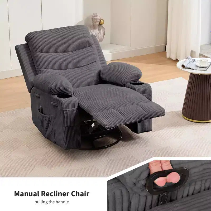 Sillón reclinable mecedor giratorio de 360° extragrande con masaje y calor: silla ergonómica de descanso con portavasos y bolsillos laterales para la sala de estar o el dormitorio infantil
