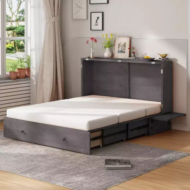 Cama abatible Mjkone tamaño queen, cama tipo armario cúbico con estación de carga y espacio de almacenamiento