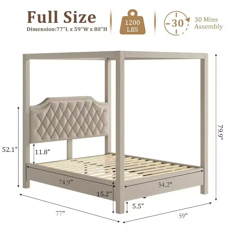 Queen-Size-Himmelbettgestell mit Pfosten, 4-Ecken-Betthalterungen, Lattenrost aus Massivholz, keine Bettfeder erforderlich, geräuschlos