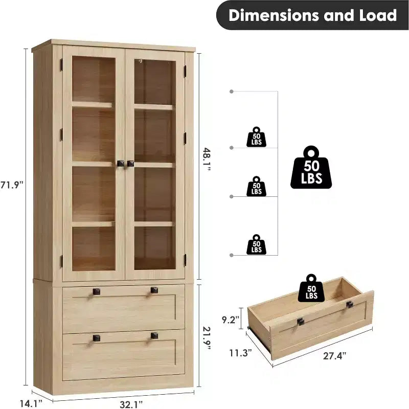 Farmhouse Kitchen Pantry Cabinet with Glass Doors, 72in Storage Cupboard with Drawers and Adjustable Shelves for Dining Room Bathroom Living Room
