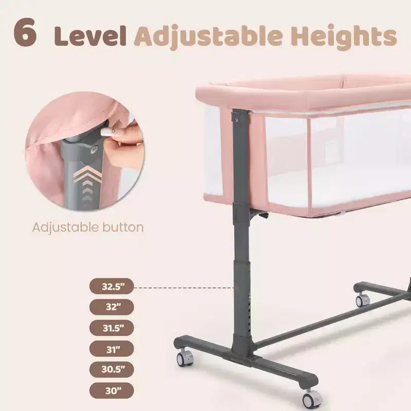 Babywiegje met wielen – beige / grijs / roze, wiegje naast het bed, voor 1 baby